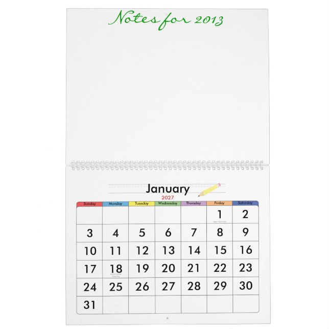 2013 School Calendar With Lots of Space for Notes (Jan 2027)