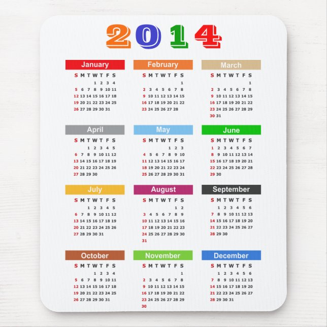2014 Calendar - Standard Multiple Colours Theme Mouse Pad (Front)