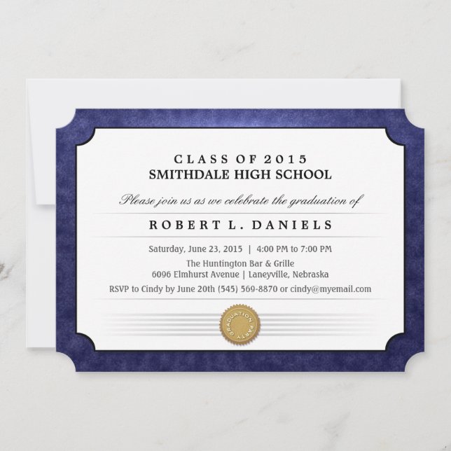 2015 Navy Blue Border Diploma Graduation Invite (Front)