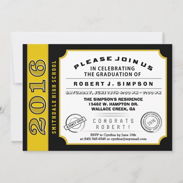 2016 Black & Gold Ticket Graduation Invitation (Front)