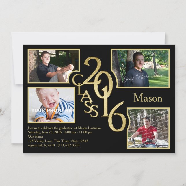 2016 Graduation Class of Quad Photo Black Invitation (Front)