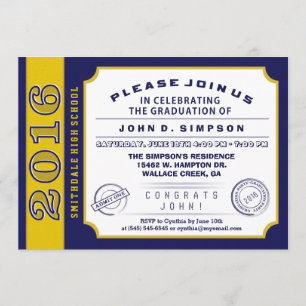 2016 Navy Blue & Gold Ticket Graduation Invitation