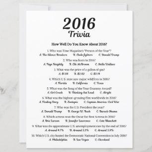 2016 Trivia Game   10th Birthday Party Game