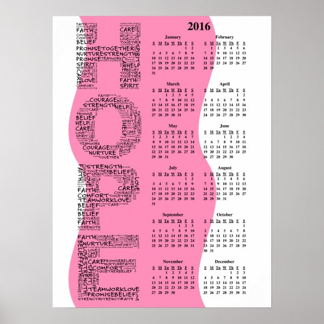 2016 Wall Calendar Breast Cancer Awareness Poster (Front)