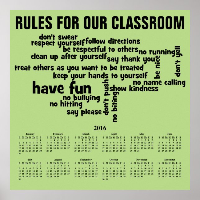 2016 Wall Calendar Rules for Our Classroom Poster (Front)