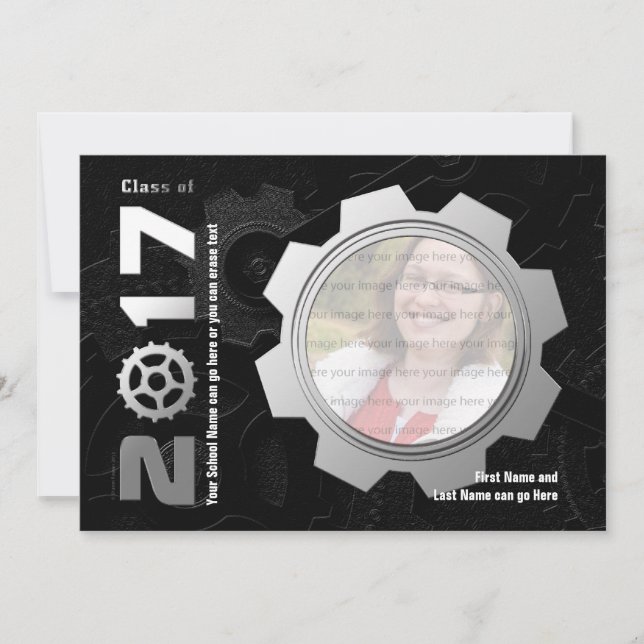 2017 Black and Silver Gear Graduation Invitation (Front)