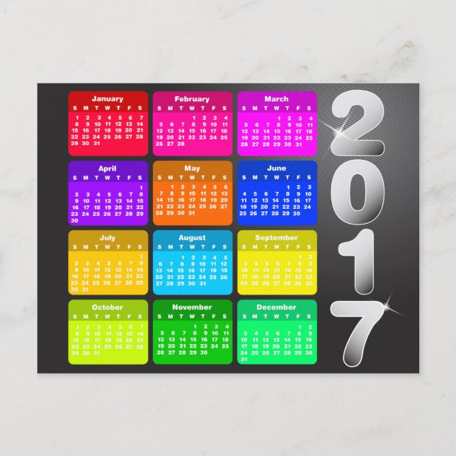 2017 Calendar in bright rainbow colours Postcard (Front)