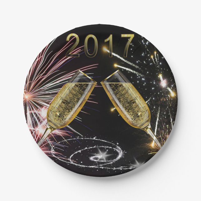 2017 Champagne Glasses and Fireworks Paper Plate (Front)