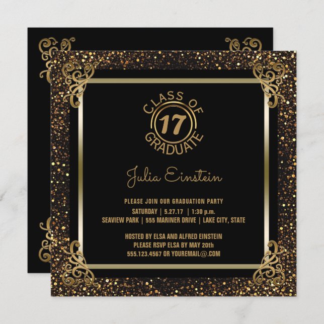 2017 Graduation Party | Elegant Black Gold Glitter Invitation (Front/Back)