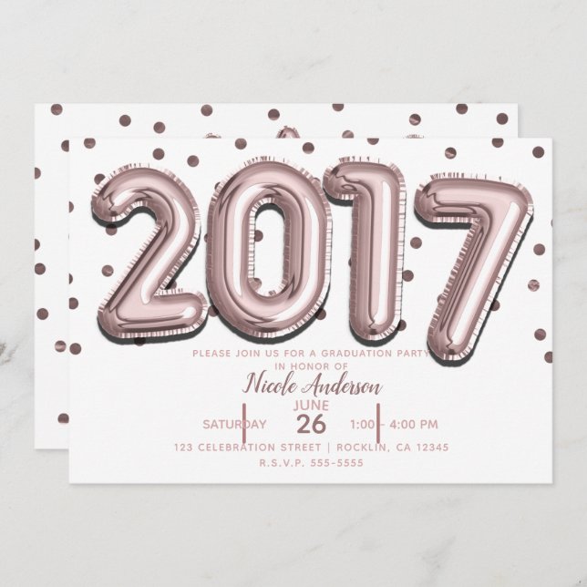 2017 GRADUATION PARTY Rose Gold Confetti Balloons Invitation (Front/Back)