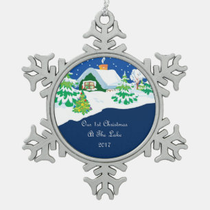 2017 New Home At The Lake Our 1st Christmas Snowflake Pewter Christmas Ornament