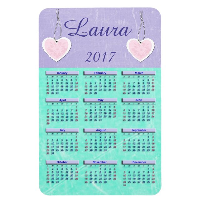 2017 Purple and Teal Mini Calendar Name Magnet (Vertical)