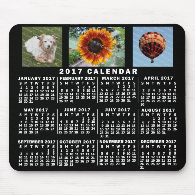 2017 Year Monthly Calendar Black Custom 3 Photos Mouse Pad (Front)