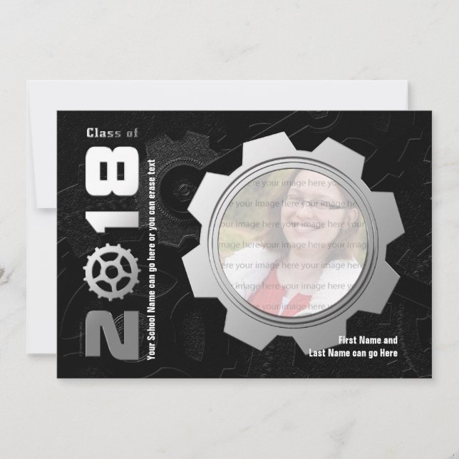 2018 Black and Silver Gear Graduation Invitation (Front)