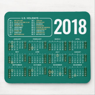 2018 Calendar Mousepad with US Holidays in Green