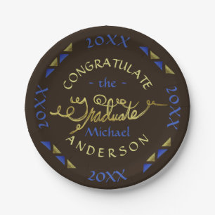 2018 Graduation Party Blue Brown Faux Gold Custom Paper Plate