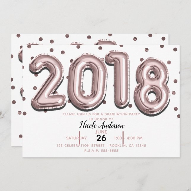 2018 GRADUATION PARTY Rose Gold Confetti Balloons Invitation (Front/Back)