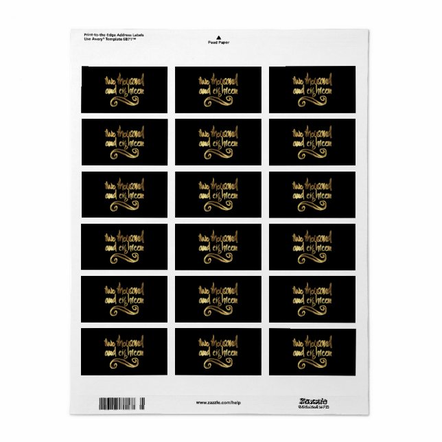2018 in Handwriting Typography Black Gold Look Label (Full Sheet)