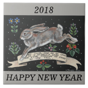 2018 New Year Personalised Rabbit Hare Wishes Tile