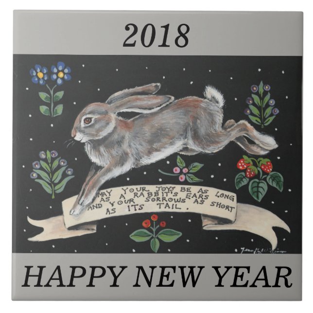 2018 New Year Personalised Rabbit Hare Wishes Tile (Front)