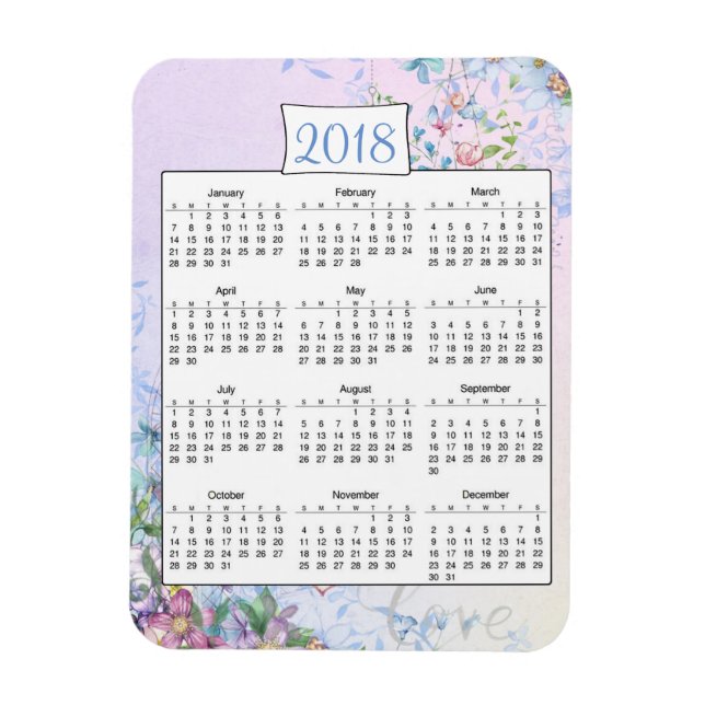 2018 Purple Floral Love Calendar Magnet (Vertical)