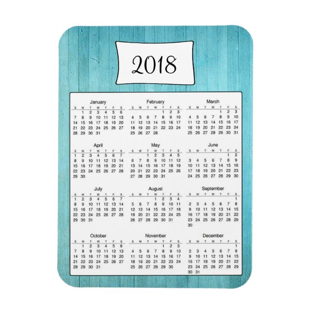 2018 Rustic Teal Turquoise Wood Calendar Magnet (Vertical)