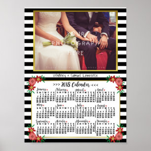 2018 Year Calendar Trendy Floral Stripes Photo Poster