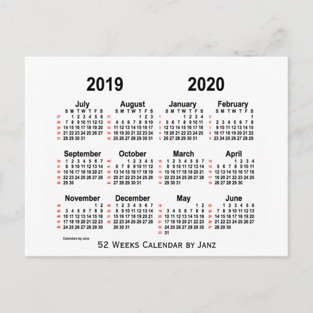 2019-2020 White 52 Weeks Calendar by Janz Postcard (Front)