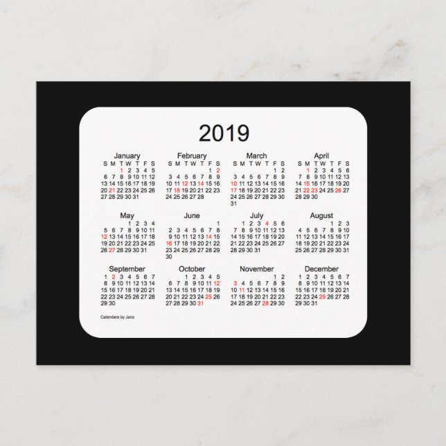 2019 Black Mini Holiday Calendar by Janz (Front)