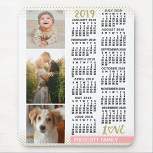 2019 Calendar Blush Pink Gold Family Photo Collage Mouse Pad