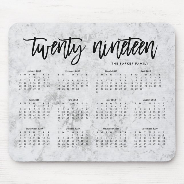 2019 Calendar | Modern Typography and Marble Look Mouse Pad (Front)