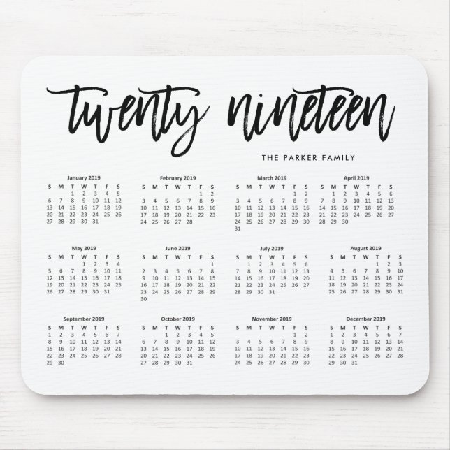 2019 Calendar | Modern Typography Mouse Pad (Front)