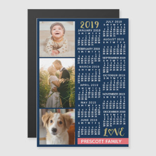 2019 Calendar Navy Coral Gold Family Photo Collage Magnetic Invitation