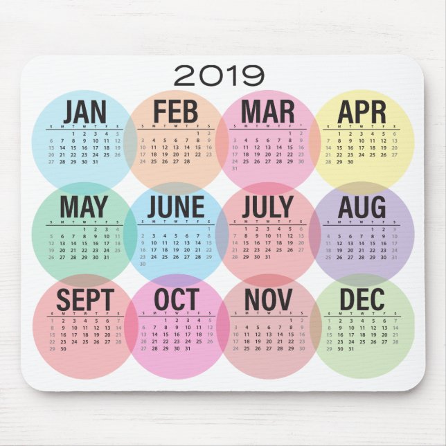 2019 Colourful Calendar on White Mouse Pad (Front)