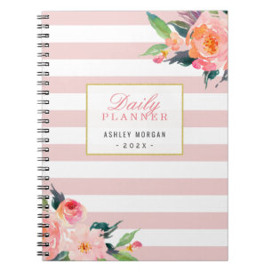 2019 Daily Planner   Girly Pink Stripes Floral Notebook