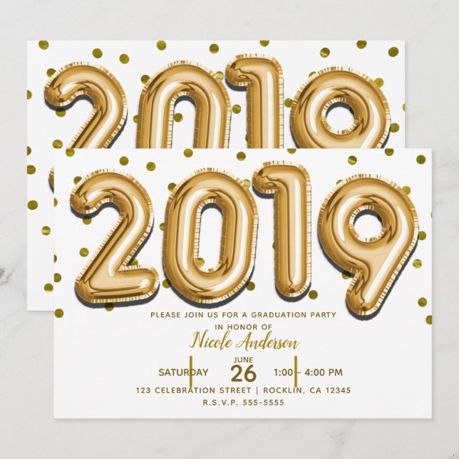2019 GRADUATION PARTY Gold Confetti Balloons Invitation (Front/Back)