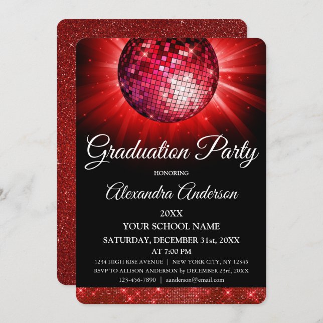 2019 Graduation Party Red Disco Ball Sparkle Invitation (Front/Back)