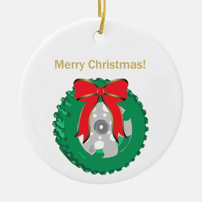 2019 Merry Christmas Wreath from a Tire Ceramic Ornament (Front)