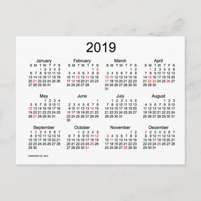 2019 Mini Calendar with Holidays Holiday Postcard (Front)