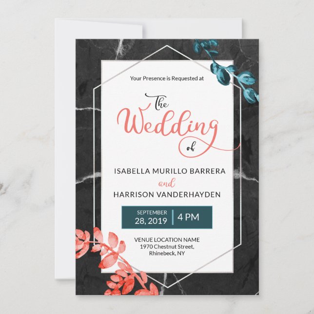 2019 Modern Coral Teal Botanical Black Wedding Invitation (Front)