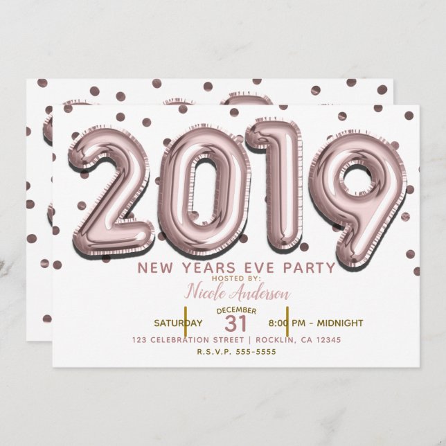 2019 New Years Eve Party Rose Gold Balloons Invitation (Front/Back)