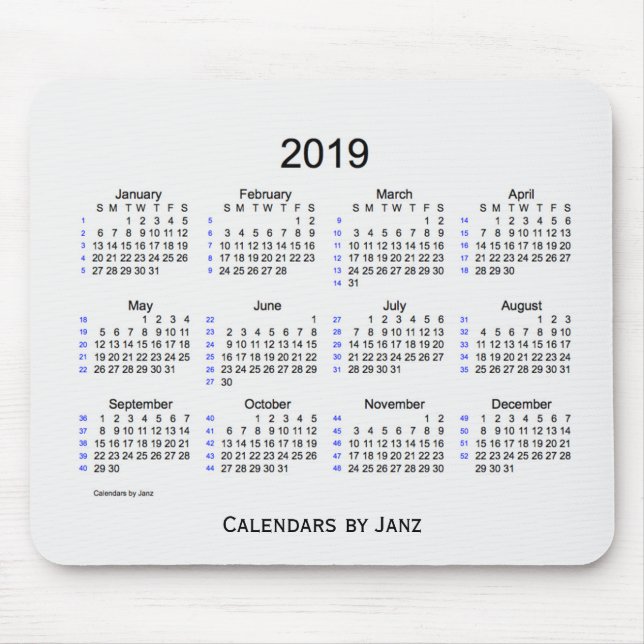 2019 White Smoke 52 Week Calendar by Janz Mouse Pad (Front)