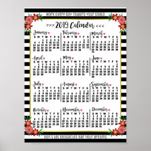 2019 Year Calendar Floral Stripes   Custom Text Poster