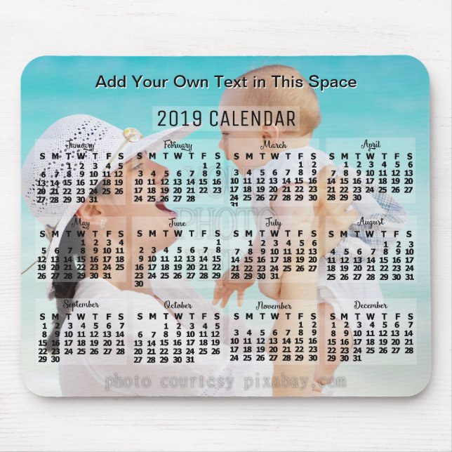 2019 Year Monthly Calendar Black Add Photo Text Mouse Pad (Front)