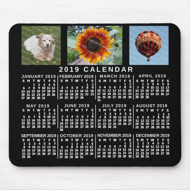 2019 Year Monthly Calendar Black Custom 3 Photos Mouse Pad (Front)