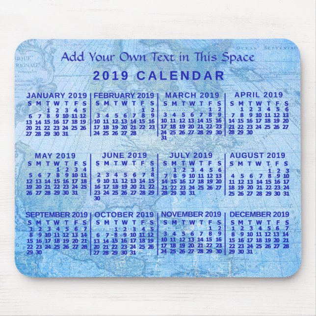 2019 Year Monthly Calendar Custom Blue Antique Map Mouse Pad (Front)