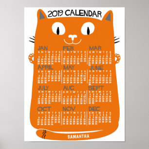 2019 Year Monthly Calendar Mid-Century Orange Cat Poster