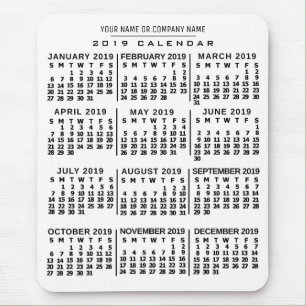 2019 Year Monthly Calendar White Black Custom Name Mouse Pad