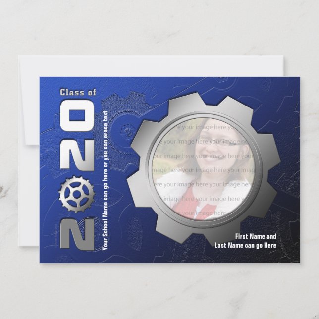 2020 Blue and Silver Gear Graduation Invitation (Front)