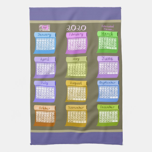2020 calendar fabric letters numbers colour months tea towel (Vertical)